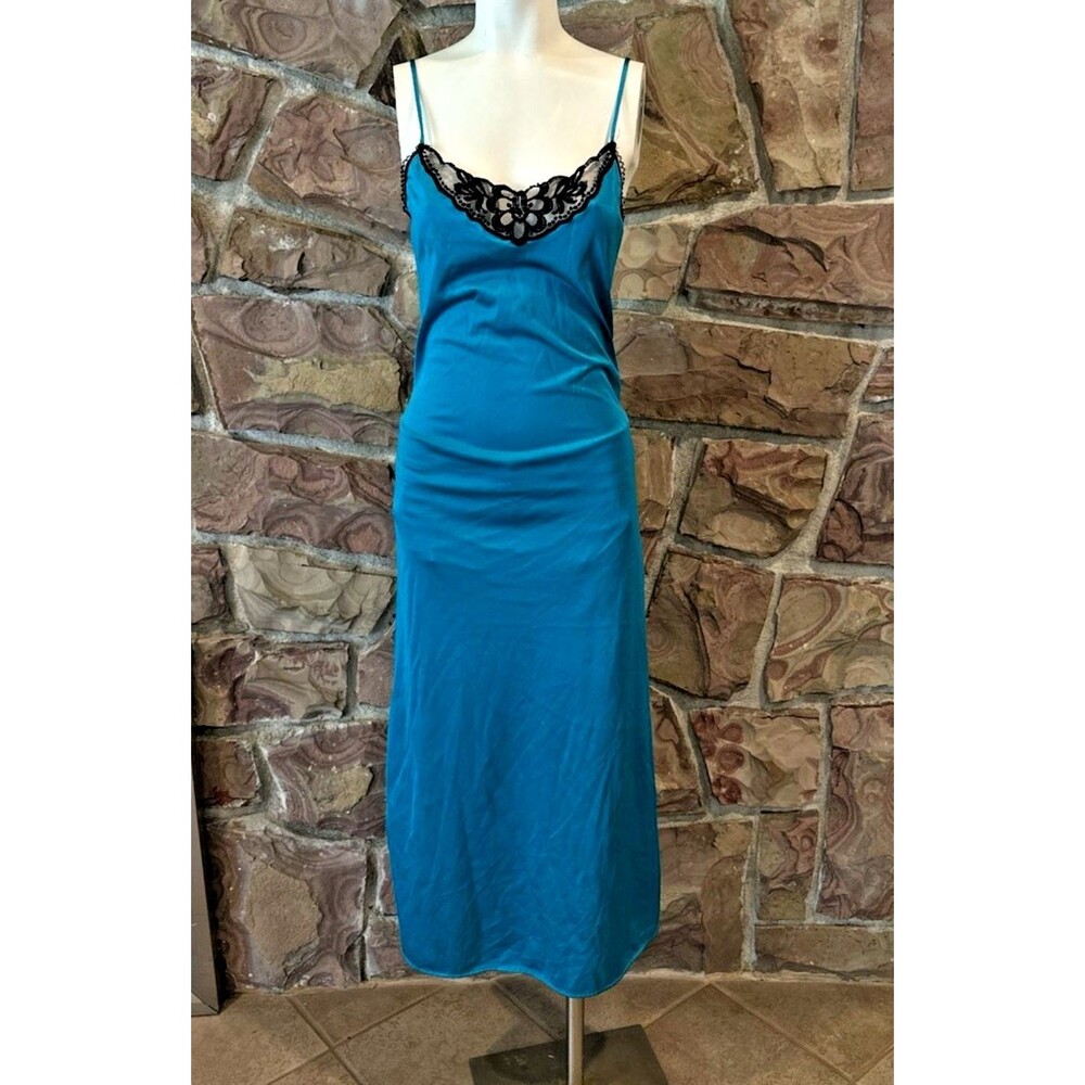 70s Vintage Flair  Nig blue htgown Slip Dress, Lace Nylon Negligee Maxi‎ - S